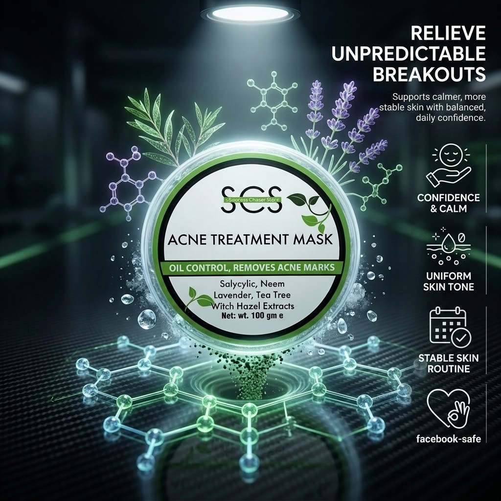 SCS Acne Treatment Mask 100g circular tub highlighting salicylic, neem, lavender, tea tree, and witch hazel extracts on a clean white background.