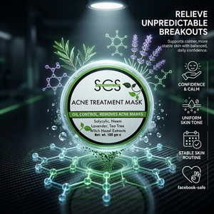 SCS Acne Treatment Mask 100g circular tub highlighting salicylic, neem, lavender, tea tree, and witch hazel extracts on a clean white background.