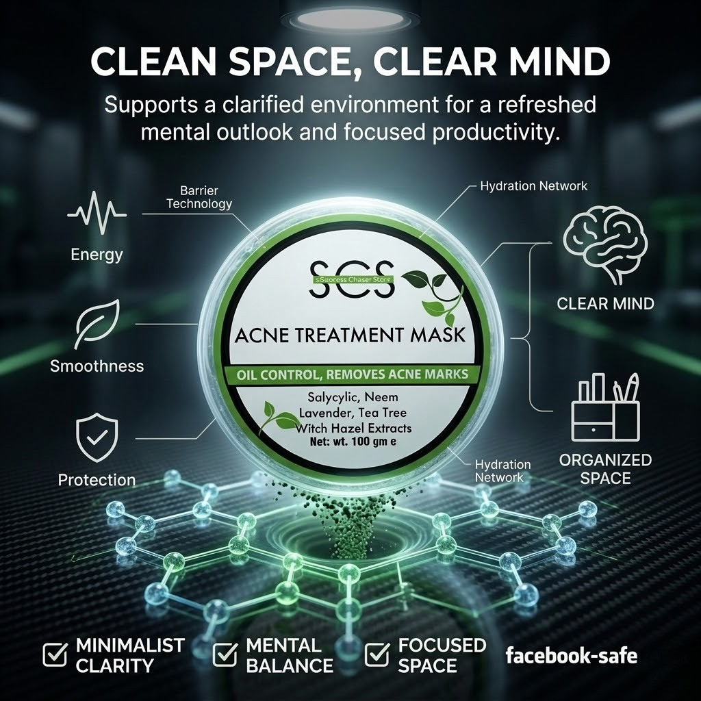 SCS Acne Treatment Mask 100g circular tub highlighting salicylic, neem, lavender, tea tree, and witch hazel extracts on a clean white background.