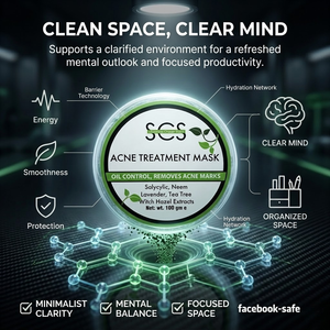 SCS Acne Treatment Mask 100g circular tub highlighting salicylic, neem, lavender, tea tree, and witch hazel extracts on a clean white background.