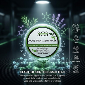 SCS Acne Treatment Mask 100g circular tub highlighting salicylic, neem, lavender, tea tree, and witch hazel extracts on a clean white background.