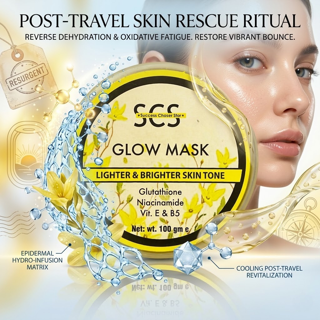 SCS Glow Skin Gel Mask premium translucent jar packaging highlighting the hydrating, deep nourishing, and radiance enhancing skin benefits on an elegant vanity background.