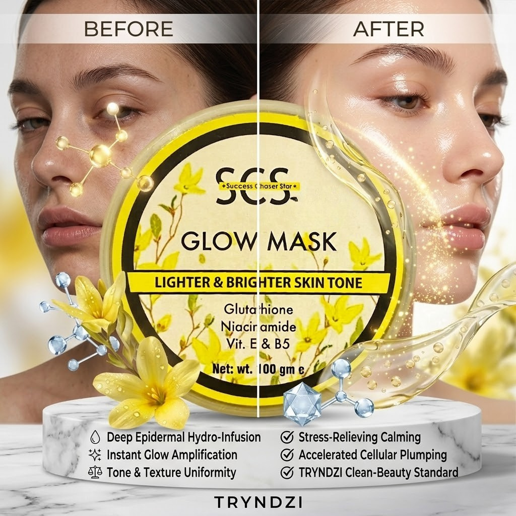 SCS Glow Skin Gel Mask premium translucent jar packaging highlighting the hydrating, deep nourishing, and radiance enhancing skin benefits on an elegant vanity background.