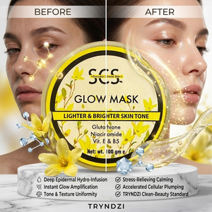 SCS Glow Skin Gel Mask premium translucent jar packaging highlighting the hydrating, deep nourishing, and radiance enhancing skin benefits on an elegant vanity background.