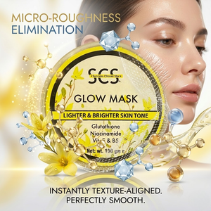 SCS Glow Skin Gel Mask premium translucent jar packaging highlighting the hydrating, deep nourishing, and radiance enhancing skin benefits on an elegant vanity background.