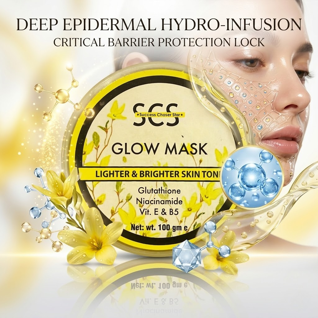 SCS Glow Skin Gel Mask premium translucent jar packaging highlighting the hydrating, deep nourishing, and radiance enhancing skin benefits on an elegant vanity background.