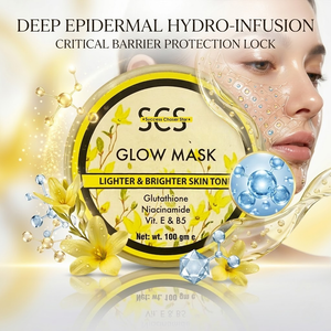 SCS Glow Skin Gel Mask premium translucent jar packaging highlighting the hydrating, deep nourishing, and radiance enhancing skin benefits on an elegant vanity background.