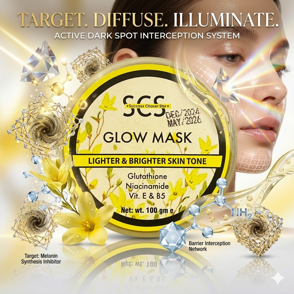 SCS Glow Skin Gel Mask premium translucent jar packaging highlighting the hydrating, deep nourishing, and radiance enhancing skin benefits on an elegant vanity background.