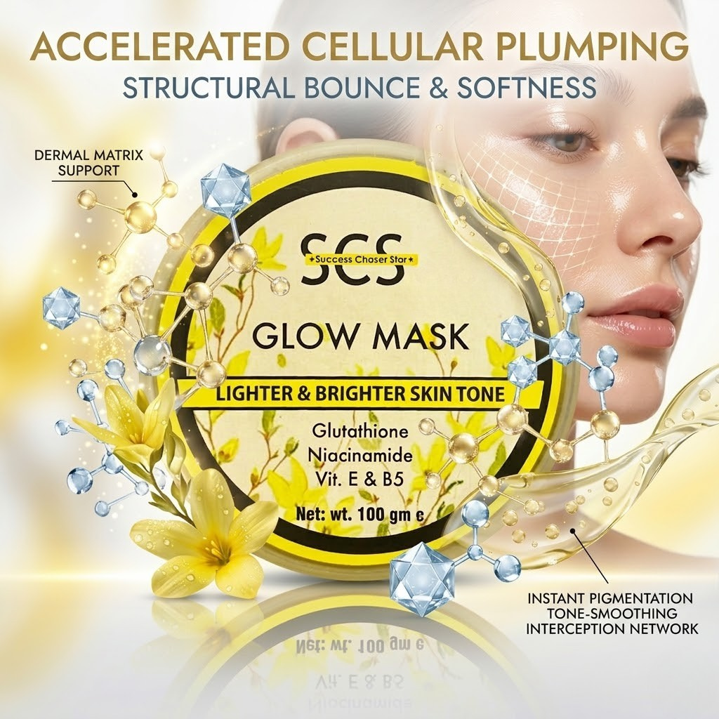 SCS Glow Skin Gel Mask premium translucent jar packaging highlighting the hydrating, deep nourishing, and radiance enhancing skin benefits on an elegant vanity background.