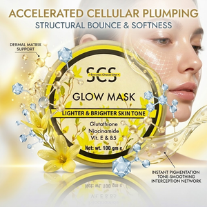 SCS Glow Skin Gel Mask premium translucent jar packaging highlighting the hydrating, deep nourishing, and radiance enhancing skin benefits on an elegant vanity background.