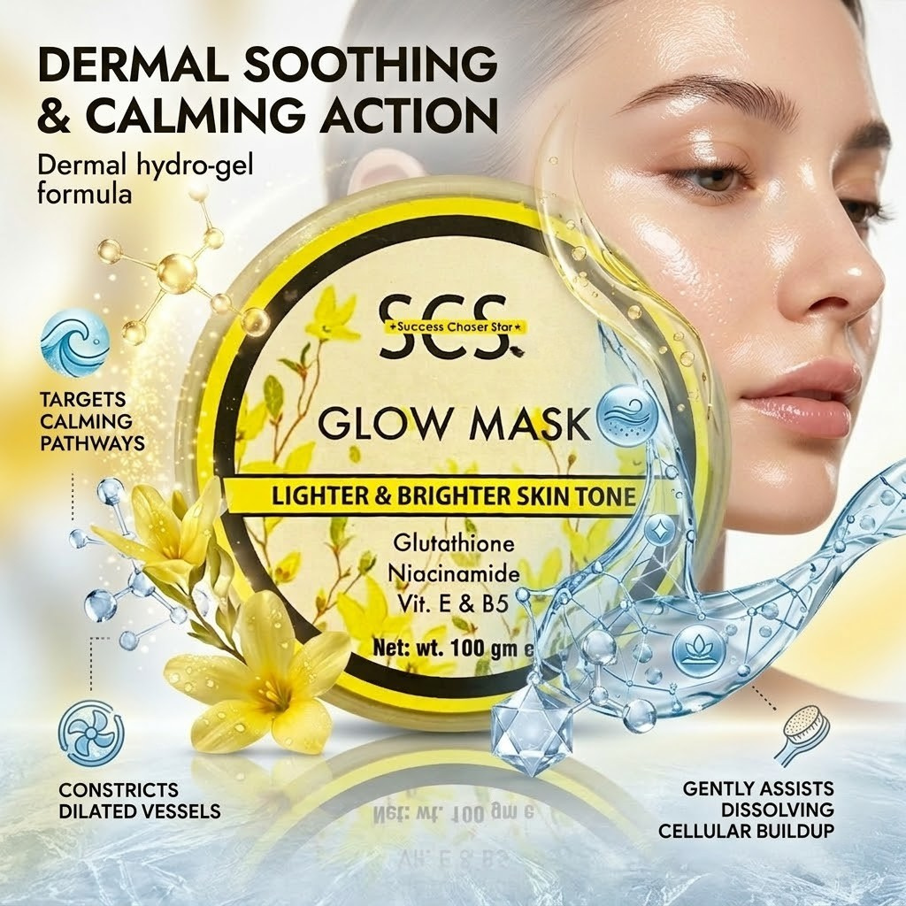 SCS Glow Skin Gel Mask premium translucent jar packaging highlighting the hydrating, deep nourishing, and radiance enhancing skin benefits on an elegant vanity background.