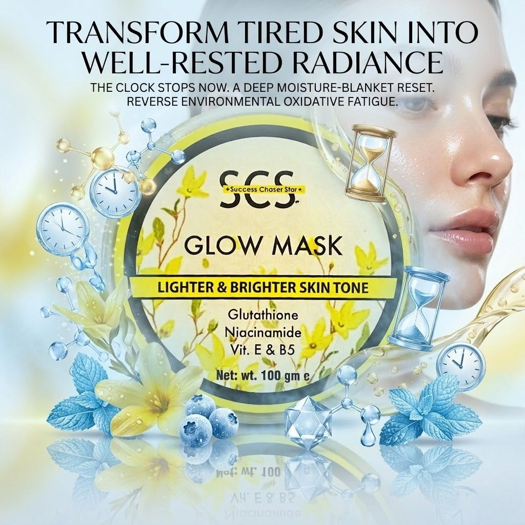 SCS Glow Skin Gel Mask premium translucent jar packaging highlighting the hydrating, deep nourishing, and radiance enhancing skin benefits on an elegant vanity background.