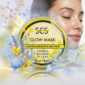 SCS Glow Skin Gel Mask premium translucent jar packaging highlighting the hydrating, deep nourishing, and radiance enhancing skin benefits on an elegant vanity background.