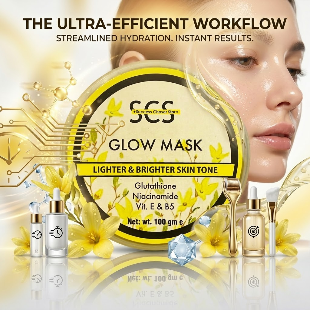 SCS Glow Skin Gel Mask premium translucent jar packaging highlighting the hydrating, deep nourishing, and radiance enhancing skin benefits on an elegant vanity background.