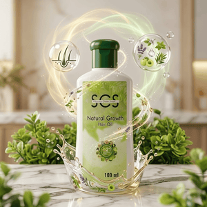 SCS Premium Natural Growth Hair Oil 100ml minimalist bottle showing 21 active herbs botanical complex.