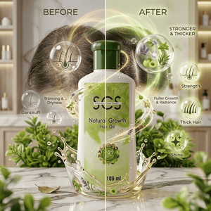 Infographic displaying hair transformation from thin sparse partline to thick dense hair canvas using SCS Growth Oil.