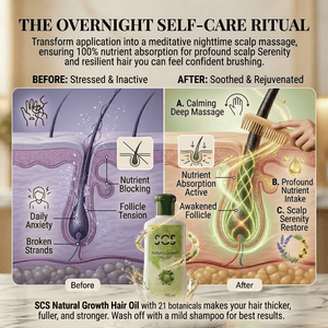 SCS Premium Natural Growth Hair Oil 100ml minimalist bottle showing 21 active herbs botanical complex.
