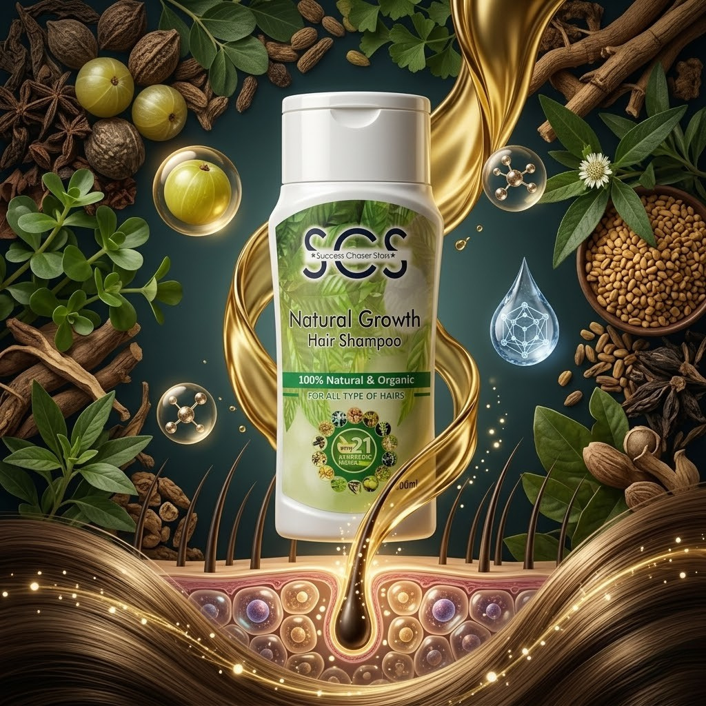 SCS Premium Natural Growth Hair Shampoo elegant 100 percent organic minimalist bottle display.