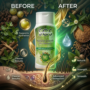 SCS Premium Natural Growth Hair Shampoo elegant 100 percent organic minimalist bottle display.