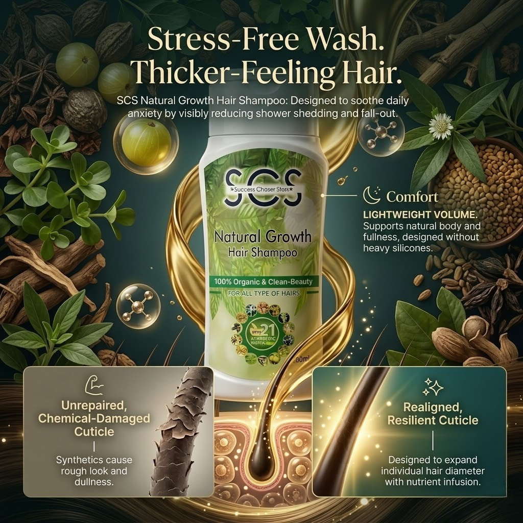 SCS Natural Growth Hair Shampoo bottle surrounded by natural elements and product benefits text.