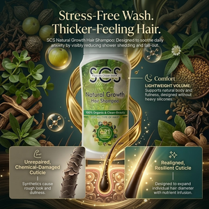 SCS Natural Growth Hair Shampoo bottle surrounded by natural elements and product benefits text.