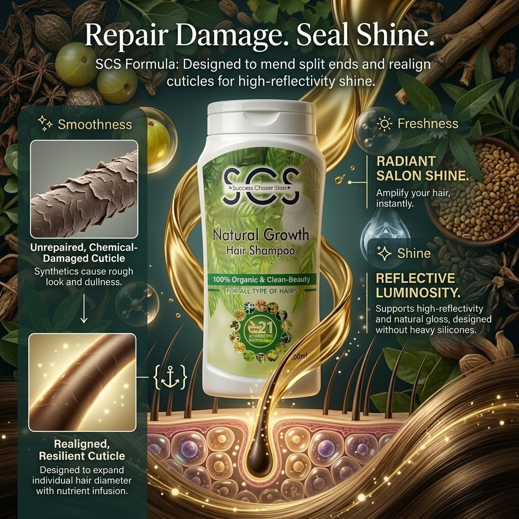 SCS Natural Growth Hair Shampoo bottle with product features and benefits on a decorative background.