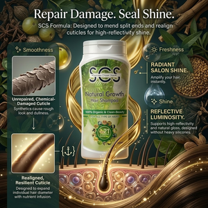 SCS Natural Growth Hair Shampoo bottle with product features and benefits on a decorative background.