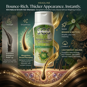 SCS Natural Growth Hair Shampoo bottle with product features and benefits on a green background