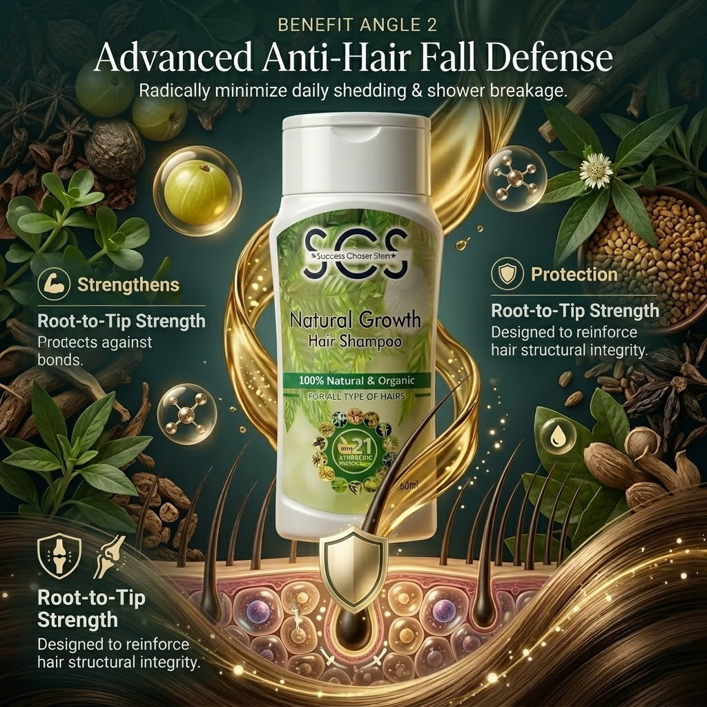 Hair shampoo bottle with natural ingredients and text about anti-hair fall defense on a dark background