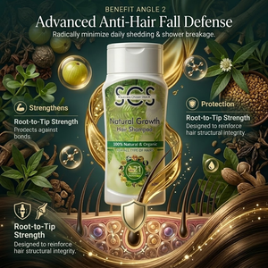 Hair shampoo bottle with natural ingredients and text about anti-hair fall defense on a dark background