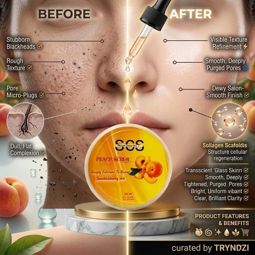 SCS Radiant Peach Scrub – Hydrating Facial Exfoliator for Dead Skin Cell Removal, Pore De-Congestion, and Blackhead Control | TRYNDZI