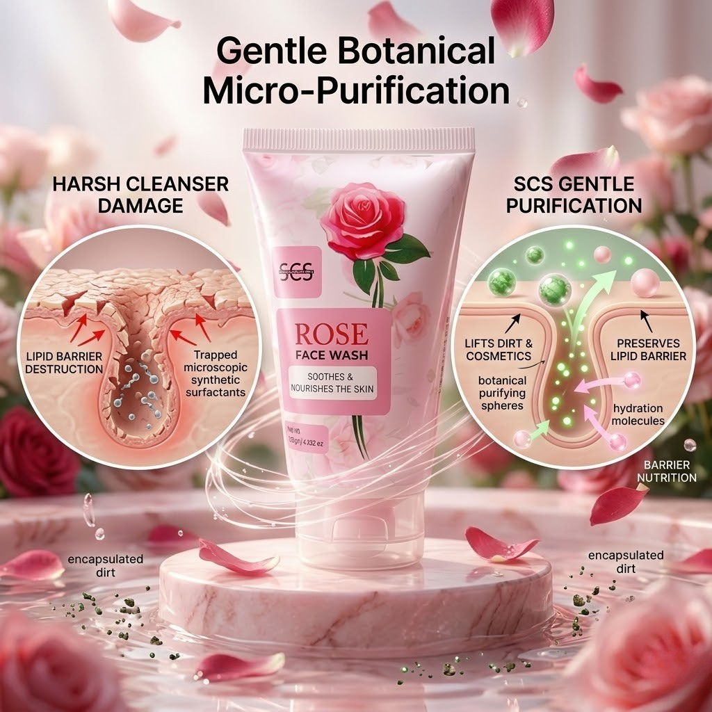SCS Rose Face Wash standup tube showing the soothes and nourishes the skin label displayed on a pink marble platform surrounded by swirling water and floating pink rose petals