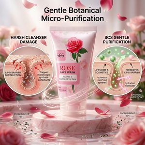 SCS Rose Face Wash standup tube showing the soothes and nourishes the skin label displayed on a pink marble platform surrounded by swirling water and floating pink rose petals