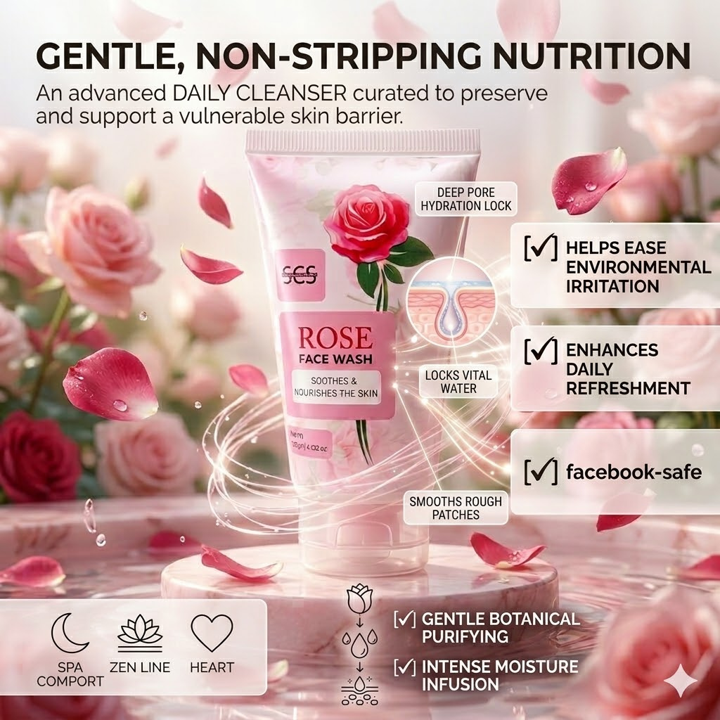 SCS Rose Face Wash standup tube showing the soothes and nourishes the skin label displayed on a pink marble platform surrounded by swirling water and floating pink rose petals