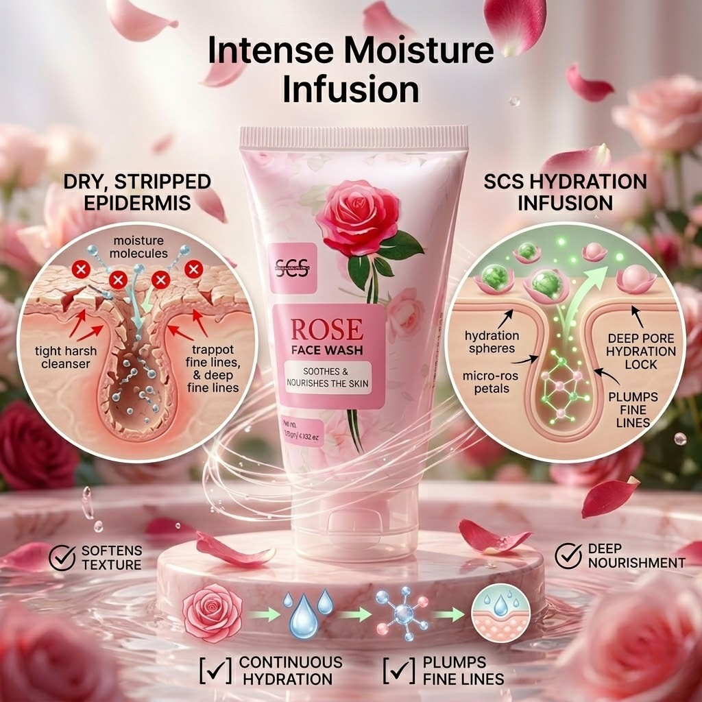SCS Rose Face Wash standup tube showing the soothes and nourishes the skin label displayed on a pink marble platform surrounded by swirling water and floating pink rose petals