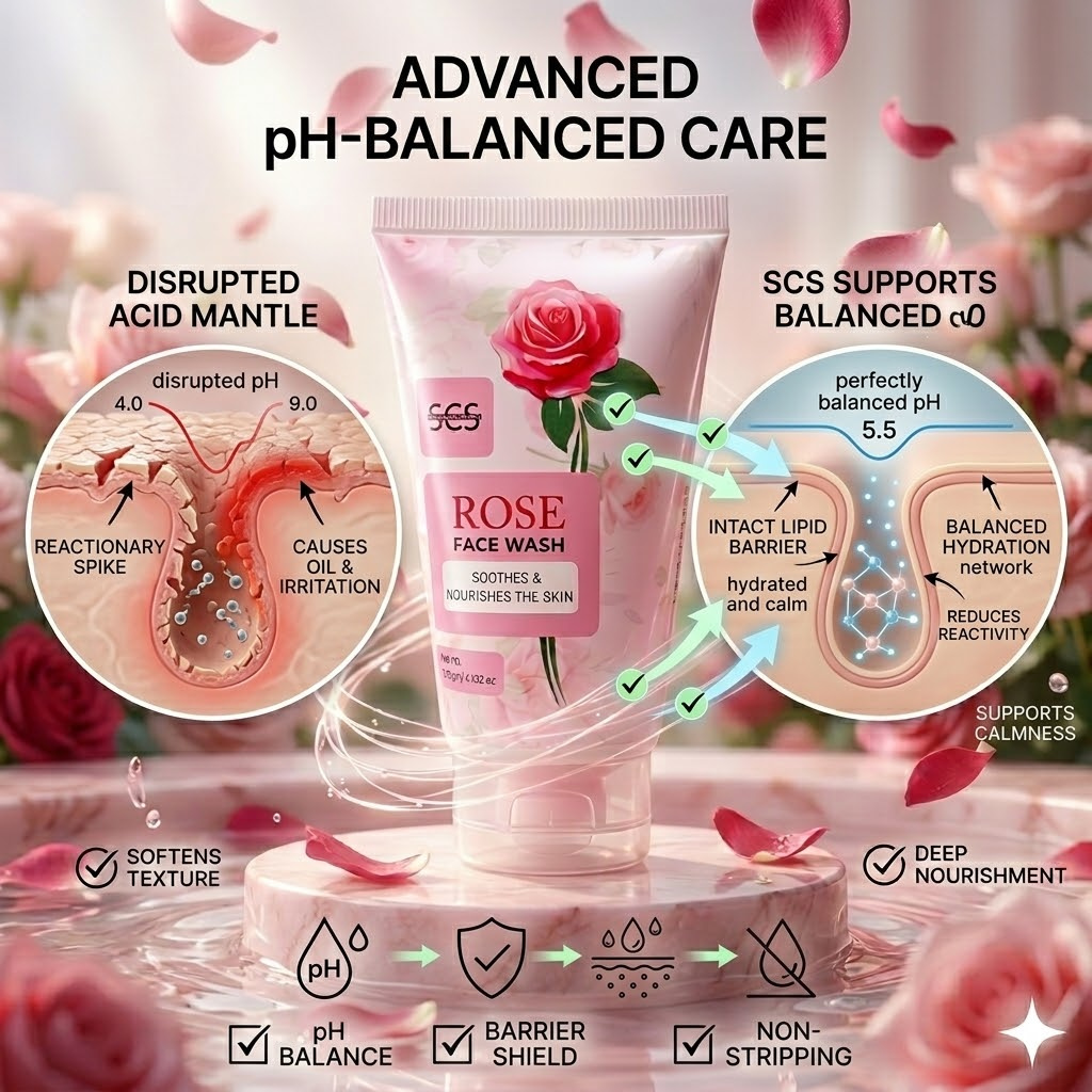 Rose face wash with pH-balanced care features and diagram on a floral background