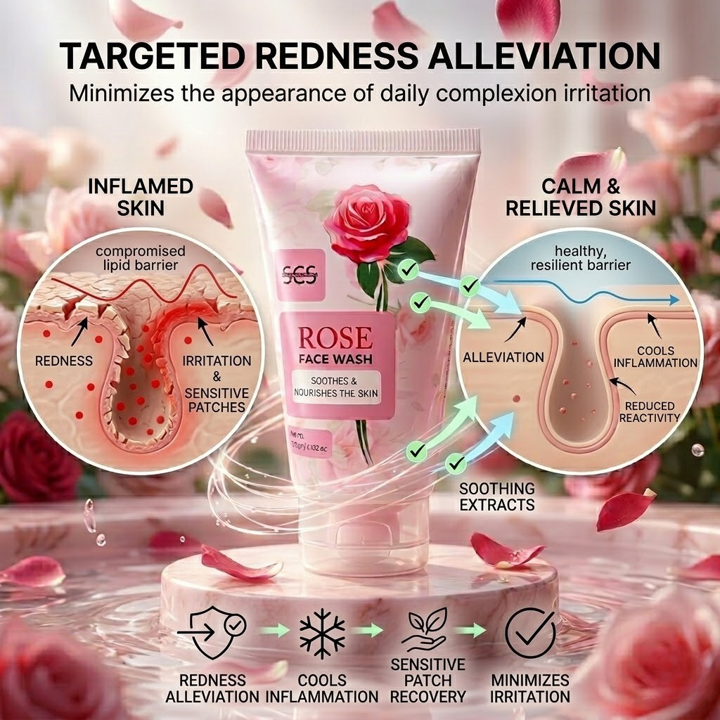 Rose face wash tube with targeted redness alleviation diagram and rose petals.