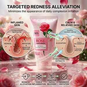Rose face wash tube with targeted redness alleviation diagram and rose petals.