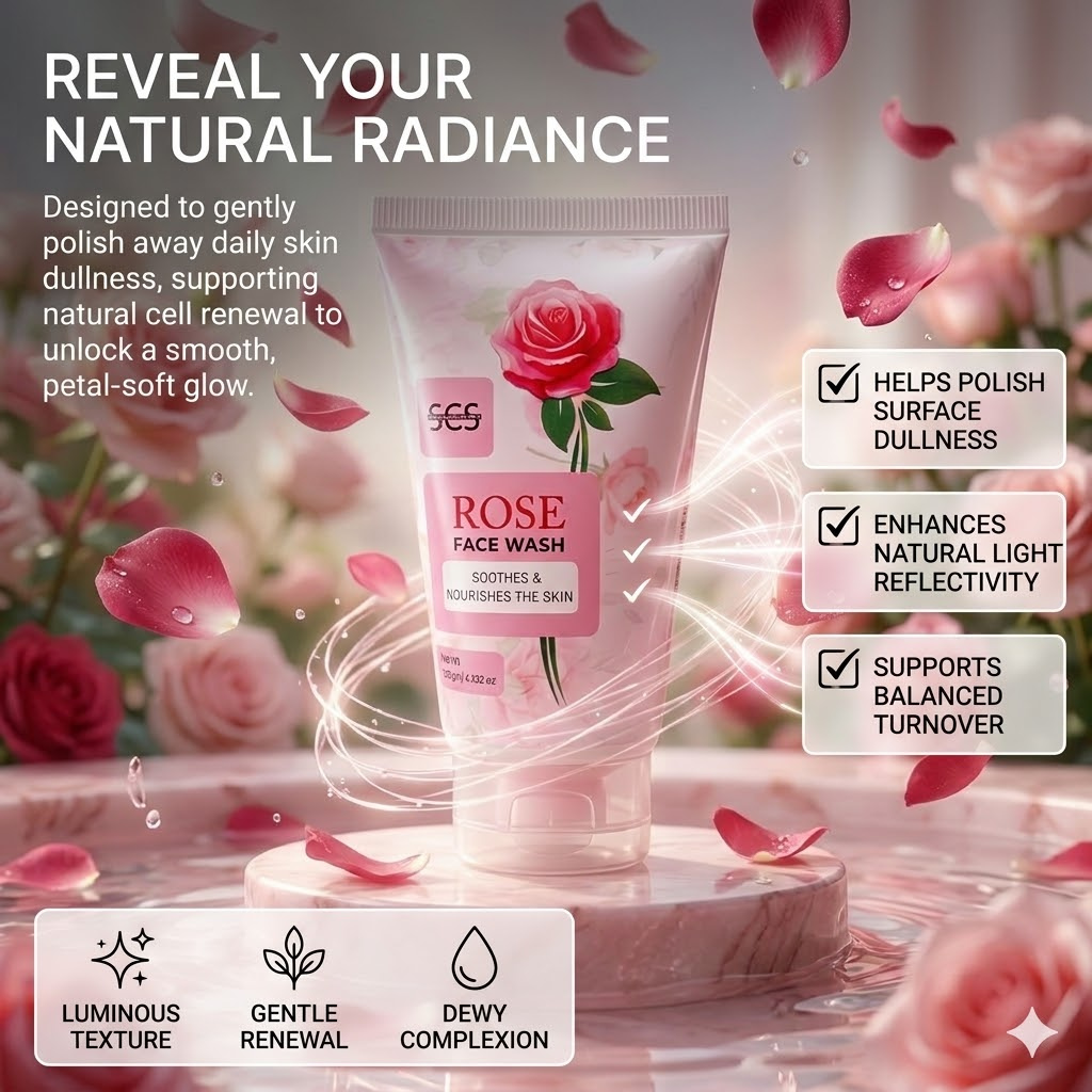 SCS Rose Face Wash standup tube showing the soothes and nourishes the skin label displayed on a pink marble platform surrounded by swirling water and floating pink rose petals