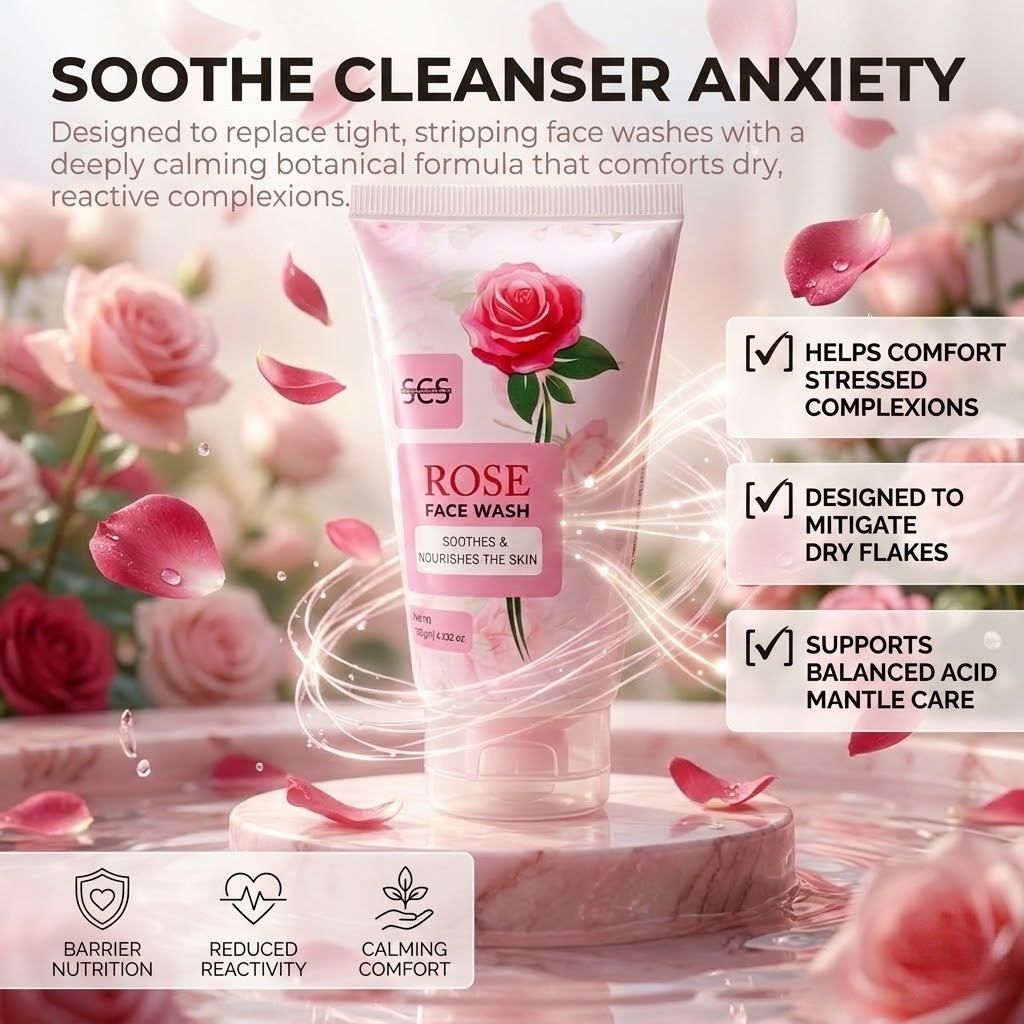 SCS Rose Face Wash standup tube showing the soothes and nourishes the skin label displayed on a pink marble platform surrounded by swirling water and floating pink rose petals