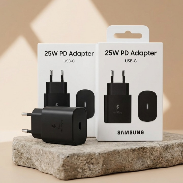 Black 25W USB-C PD wall charger beside its Samsung-labelled retail box