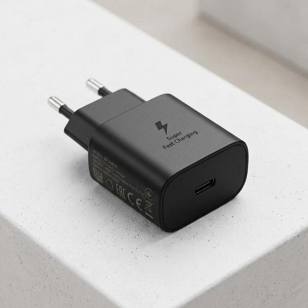 Compact black 25W USB-C PD charger showing two round pins and one output port