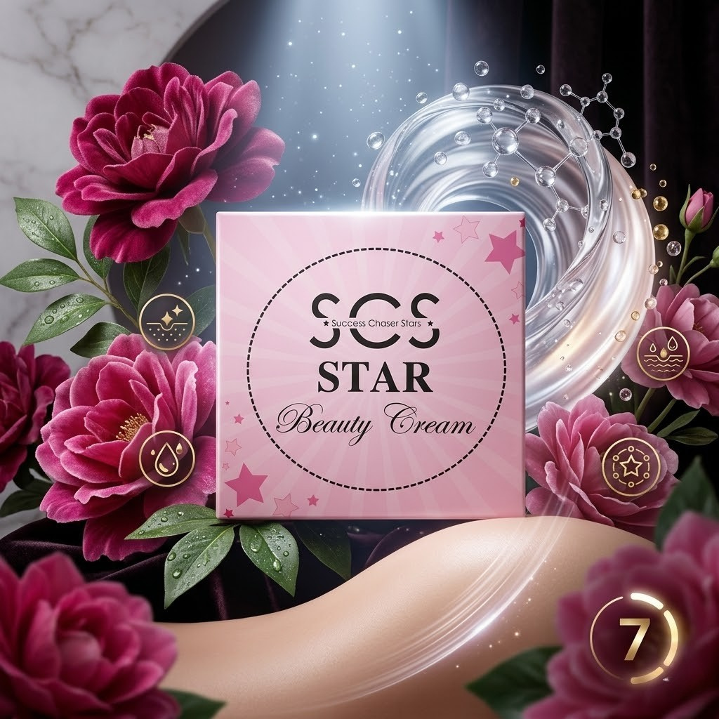 SCS Star Beauty Cream elegant pink box packaging accented with dark pink roses and a glowing antioxidant molecular swirl.