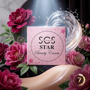 SCS Star Beauty Cream elegant pink box packaging accented with dark pink roses and a glowing antioxidant molecular swirl.
