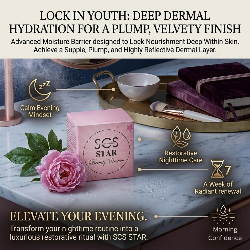 SCS Star beauty cream packaging on a marble surface with decorative elements and text about deep dermal hydration.