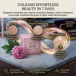 SCS Star Beauty Cream elegant pink box packaging accented with dark pink roses and a glowing antioxidant molecular swirl.