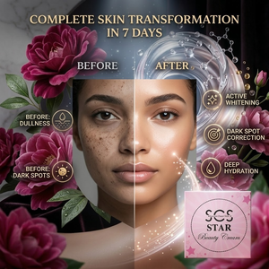 SCS Star Beauty Cream elegant pink box packaging accented with dark pink roses and a glowing antioxidant molecular swirl.