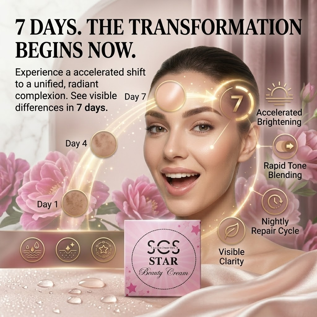 SCS Star Beauty Cream elegant pink box packaging accented with dark pink roses and a glowing antioxidant molecular swirl.