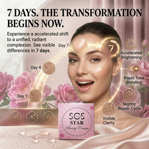 SCS Star Beauty Cream elegant pink box packaging accented with dark pink roses and a glowing antioxidant molecular swirl.