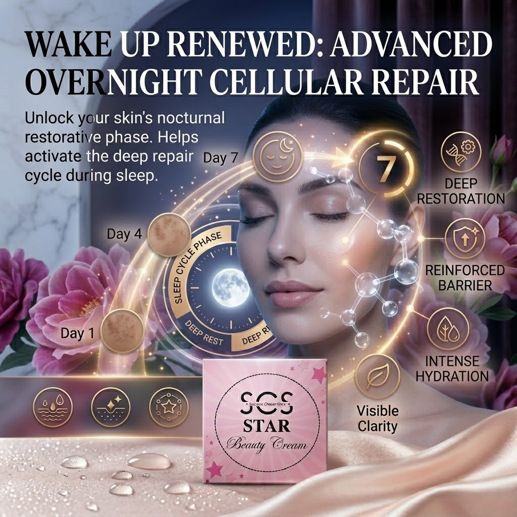 SCS Star Beauty Cream elegant pink box packaging accented with dark pink roses and a glowing antioxidant molecular swirl.